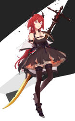 Rule 34 | 1girl, arknights, bare shoulders, black background, black dress, black footwear, black thighhighs, chest strap, commentary request, dress, full body, hair between eyes, hand on own chest, high heels, highres, horns, infection monitor (arknights), long hair, looking at viewer, nekonomi, off shoulder, purple eyes, red hair, reverse grip, short dress, simple background, smile, solo, standing, surtr (arknights), sword, thighhighs, two-tone background, very long hair, weapon, weapon on back, white background, zettai ryouiki
