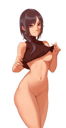 Rule 34 | 1girl, bad id, bad pixiv id, black hair, bottomless, breasts, clothes lift, crop top, earrings, jewelry, lifting own clothes, long hair, medium breasts, navel, nipples, original, pussy, red eyes, ribbed sweater, shanabi, simple background, sleeveless, sleeveless turtleneck, smile, solo, standing, sweater, sweater lift, turtleneck, uncensored