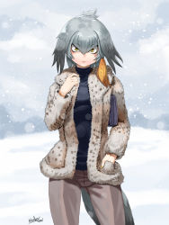 Rule 34 | 1girl, alternate costume, bird tail, black hair, casual, closed mouth, commission, contemporary, day, expressionless, fur-trimmed jacket, fur trim, grey hair, hair between eyes, hair intakes, hand in pocket, hand up, jacket, kemono friends, kikino, long hair, long sleeves, looking at viewer, multicolored hair, open clothes, open jacket, orange hair, outdoors, pants, shoebill (kemono friends), sidelocks, signature, snow, snowing, solo, sweater, tail, yellow eyes