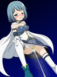 Rule 34 | 10s, 1girl, blue hair, blush, cameltoe, cape, crying, female focus, highres, magical girl, mahou shoujo madoka magica, miki sayaka, miki sayaka (magical girl), panties, peeing, peeing self, skirt, solo, striped clothes, striped panties, tears, thighhighs, underwear, yason shain