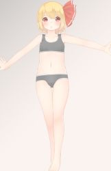 Rule 34 | 1girl, barefoot, blonde hair, blush, chestnut mouth, full body, gradient background, hair ornament, hair ribbon, looking at viewer, navel, open mouth, outstretched arms, panties, red eyes, ribbon, rumia, sakurea, short hair, solo, sports bra, stomach, touhou, underwear, underwear only
