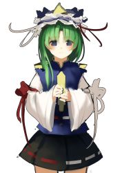 Rule 34 | 1girl, absurdres, asymmetrical hair, bad hands, black skirt, blue eyes, blue vest, cowboy shot, expressionless, green hair, hat, highres, holding rod, long hair, looking at viewer, rod of remorse, sancking (fatekl), shiki eiki, simple background, skirt, solo, touhou, vest, white background, wide sleeves