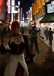 Rule 34 | 2boys, back-to-back, brown hair, choker, city, cityscape, gacktmoon, gloves, kusanagi kyou, male focus, multiple boys, night, red hair, red legwear, road, scenery, school uniform, shirt, sleeves rolled up, snk, street, sun symbol, the king of fighters, yagami iori
