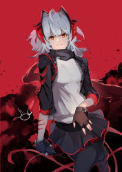 Rule 34 | 1girl, ahoge, arknights, black jacket, black pantyhose, black skirt, blood, brown footwear, brown gloves, explosion, fingerless gloves, fingernails, gloves, grenade pin, grey hair, highres, holding, holding walkie-talkie, horns, ibaraki shun, injury, jacket, long fingernails, long hair, looking at viewer, multicolored eyes, multicolored footwear, nail polish, o-ring, open clothes, open jacket, pantyhose, parted lips, red eyes, red footwear, red horns, red nails, red scarf, red theme, scarf, skirt, sleeves rolled up, smile, solo, torn, torn clothes, torn scarf, w (arknights), walkie-talkie, yellow eyes, zipper
