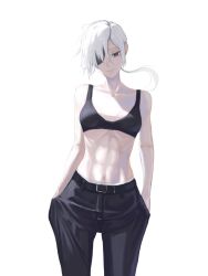 Rule 34 | 1girl, abs, belt buckle, black bra, black pants, bra, breasts, buckle, chainsaw man, collarbone, eyepatch, hands in pockets, head tilt, highres, light smile, looking at viewer, navel, pants, ponytail, quanxi (chainsaw man), shirt, simple background, small breasts, solo, underwear, utt haru, white hair, white shirt