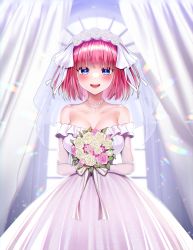 Rule 34 | 1girl, absurdres, backlighting, bare shoulders, blue eyes, blunt bangs, bouquet, breasts, cleavage, collarbone, commentary, compilation, dress, flower, foreshortening, go-toubun no hanayome, highres, holding, holding bouquet, jewelry, kurosaki coco, large breasts, looking at viewer, nakano nino, necklace, pearl necklace, pink hair, ribbon, rose, short hair, smile, solo, tearing up, teeth, upper teeth only, wedding dress, white dress, white flower, white ribbon, white rose, window