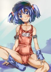 Rule 34 | 1girl, alternate color school swimsuit, armband, blue eyes, blue hair, boots, fingerless gloves, flat chest, gloves, hair bobbles, hair ornament, hat, head tilt, kawashiro nitori, looking back, matching hair/eyes, one-piece swimsuit, red one-piece swimsuit, school swimsuit, screwdriver, smile, solo, swimsuit, touhou, translated, twintails, two side up, yohane