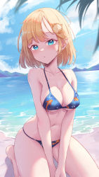 Rule 34 | 1girl, absurdres, bikini, blonde hair, blue bikini, blue eyes, blush, breasts, cleavage, hair ornament, highres, hololive, hololive english, large breasts, looking at viewer, medium breasts, mole, mole on breast, navel, shironekokfp, short hair, sitting, solo, stomach, swimsuit, thighs, virtual youtuber, watson amelia, watson amelia (new year)