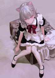 Rule 34 | 1girl, animal ear fluff, animal ears, apron, black dress, black footwear, bow, bowtie, cat ears, closed mouth, dress, extra ears, fkey, frilled apron, frilled dress, frills, full body, grey hair, hair between eyes, highres, knees together feet apart, long hair, looking at viewer, maid, maid apron, original, pantyhose, red bow, red bowtie, red eyes, shoes, short sleeves, sitting, solo, very long hair, white apron, white pantyhose