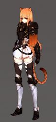 Rule 34 | 1girl, animal ears, armor, clenched hand, commentary, english commentary, fantasy, flat chest, grey background, highres, indie virtual youtuber, jin grey paladin, long hair, looking at viewer, moofie (vtuber), orange hair, solo, standing, tail, tiger ears, tiger tail, virtual youtuber, yellow eyes