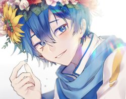 Rule 34 | 1boy, blue eyes, blue hair, bsgkstnals03, flower, hair flower, hair ornament, hand up, head wreath, kaito (vocaloid), long sleeves, looking at viewer, scarf, simple background, smile, solo, vocaloid
