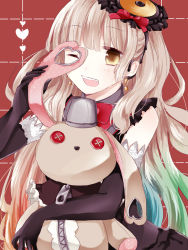 Rule 34 | 1girl, bad id, bad pixiv id, doll, elbow gloves, gloves, gradient hair, happy, mayu (vocaloid), moegi0926, multicolored hair, one eye closed, solo, stuffed animal, stuffed rabbit, stuffed toy, usano mimi, vocaloid, wink