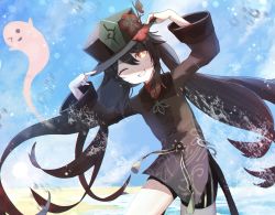 Rule 34 | 1girl, ;d, absurdres, adjusting clothes, adjusting headwear, beach, black shorts, blue sky, chinese clothes, cloud, cloudy sky, commentary request, flower, genshin impact, ghost, grin, hair between eyes, hat, hat flower, hat ornament, head tilt, hidulume, highres, horizon, hu tao (genshin impact), leaning forward, long hair, long sleeves, looking at viewer, ocean, one eye closed, open mouth, pointing, pointing at self, short shorts, shorts, sidelocks, sky, smile, standing, standing on one leg, symbol-shaped pupils, twintails