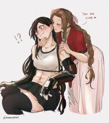 Rule 34 | 2girls, abs, absurdres, aerith gainsborough, arm guards, black hair, black skirt, blush, braid, braided ponytail, brown hair, dreamsyndd, dress, english text, closed eyes, final fantasy, final fantasy vii, final fantasy vii remake, hands on another&#039;s face, highres, jacket, long hair, low-tied long hair, multiple girls, muscular, muscular female, pink dress, red jacket, simple background, skirt, surprised, tank top, thighhighs, tifa lockhart, yuri