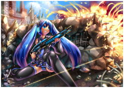 Rule 34 | 1girl, alternate hair color, blue eyes, blue hair, blush, emperpep, explosion, female focus, gun, hatsune miku, headphones, long hair, matching hair/eyes, outdoors, panties, solo, striped clothes, striped panties, thighhighs, twintails, underwear, vocaloid, weapon
