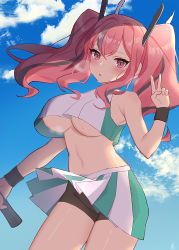 Rule 34 | 1girl, absurdres, azur lane, bike shorts, black shorts, blue sky, blush, breasts, bremerton (azur lane), bremerton (scorching-hot training) (azur lane), cloud, crop top, crop top overhang, day, highres, holding, holding racket, large breasts, long hair, looking at viewer, midriff, mole, mole under eye, multicolored hair, navel, outdoors, pink eyes, pink hair, pn (wnsl216), racket, shirt, shorts, shorts under skirt, sky, sleeveless, sleeveless shirt, solo, sportswear, streaked hair, sweat, sweatband, symbol-only commentary, tennis racket, tennis uniform, twintails, two-tone shirt, two-tone skirt, underboob, v, wristband
