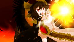 Rule 34 | &gt;:o, 1girl, :o, black hair, bow, breasts, fire, hair bow, large breasts, long hair, md5 mismatch, open mouth, red eyes, reiuji utsuho, resolution mismatch, satou rin (gobugabuge), smile, solo, source larger, third eye, touhou, v-shaped eyebrows, very long hair, wings