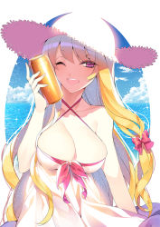 Rule 34 | 1girl, ;d, alternate costume, bare shoulders, blonde hair, blue sky, bow, breasts, can, cleavage, cloud, day, dress, drink can, front-tie top, hair bow, hat, highres, large breasts, long hair, looking at viewer, ocean, one eye closed, open mouth, purple eyes, roh nam kyung, sky, smile, soda can, solo, sparkle, straw hat, sun hat, sundress, swimsuit, swimsuit under clothes, touhou, white dress, yakumo yukari