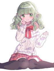 Rule 34 | 1girl, aran sweater, black thighhighs, blunt bangs, blush, brown scarf, cable knit, clenched hand, clenched hands, closed mouth, cross-laced clothes, dot nose, feet out of frame, fur scarf, futaba sana, futaba sana (winter costume), green eyes, green hair, hand on own cheek, hand on own face, hand up, highres, knees together feet apart, looking at viewer, low twintails, magia record: mahou shoujo madoka magica gaiden, mahou shoujo madoka magica, medium hair, miniskirt, neck ribbon, official alternate costume, paru rari, plaid, plaid skirt, red ribbon, red skirt, ribbon, scarf, scrunchie, sidelocks, simple background, sitting, skirt, sleeves past wrists, smile, solo, split mouth, sweater, thighhighs, twintails, twitter username, wavy hair, white background, white sweater, yellow scrunchie, zettai ryouiki
