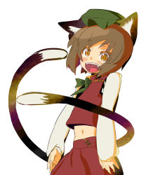 Rule 34 | 1girl, :d, animal ears, brown eyes, brown hair, cat ears, cat girl, cat tail, chen, colored eyelashes, eyelashes, fangs, female focus, hat, highres, lieutenant dan, midriff, multiple tails, navel, open mouth, short hair, simple background, smile, solo, tail, touhou
