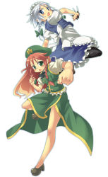 Rule 34 | 2girls, black thighhighs, blue eyes, braid, chacha (tyatya), china dress, chinese clothes, dress, embodiment of scarlet devil, female focus, fighting stance, foreshortening, green eyes, hat, highres, hong meiling, izayoi sakuya, knife, long hair, looking at viewer, maid, maid headdress, multiple girls, no socks, red hair, short hair, silver hair, simple background, thighhighs, throwing knife, touhou, twin braids, weapon, white background