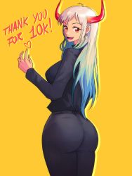 Rule 34 | 1girl, absurdres, ass, black pants, black shirt, blouse, breasts, earrings, from behind, gradient hair, green hair, hair down, highres, horns, jewelry, large breasts, long hair, long sleeves, looking at viewer, looking back, multicolored hair, one piece, oni horns, opalis, orange eyes, pants, shirt, shirt tucked in, simple background, smile, solo, thank you, tight clothes, tight pants, white hair, yamato (one piece), yellow background