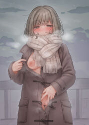 Rule 34 | 1girl, blush, breasts, cleft of venus, coat, exhibitionism, flashing, grey coat, grey eyes, grey hair, grey sky, highres, looking at viewer, looking down, marrontorisu, naked coat, nipples, one breast out, original, outdoors, overcoat, partially unbuttoned, public indecency, pussy, railing, scarf, sky, small breasts, solo, sweat, thigh gap, uncensored