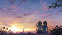 Rule 34 | 2girls, bag, bird, blouse, blue shorts, brown hair, child, cloud, covering privates, flock, flower, from behind, hair tie, heart, highres, hirose yuki, holding, holding phone, hood, hoodie, layered sleeves, light, light rays, locked arms, long hair, long sleeves, mountain, mountainous horizon, multicolored clothes, multiple girls, nature, original, phone, pink skirt, power lines, scenery, school bag, shirt, shorts, shoulder bag, skirt, standing, sunset, tree, twintails, utility pole, white shirt