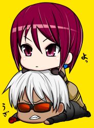 Rule 34 | angry, brother and sister, chibi, glasses, gloves, highres, k&#039; (kof), okyou, siblings, stack, the king of fighters, whip (kof), white hair, yellow background