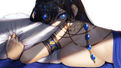 Rule 34 | 1girl, armlet, black hair, blanket, blue eyes, blue gemstone, blueorca, breast press, breasts, commentary, copyright request, from side, gem, hair ornament, highres, jewelry, large breasts, long hair, looking at viewer, looking to the side, lying, nude, hugging object, on stomach, pillow, pillow hug, ring, simple background, solo, under covers, upper body, white background