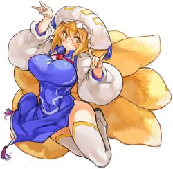 Rule 34 | 1girl, adapted costume, alternate costume, animal ears, blonde hair, blush, breasts, double m/, female focus, fox ears, fox tail, full body, hat, large breasts, long sleeves, m/, mob cap, multiple tails, perky breasts, sachito, simple background, smile, solo, tabard, tail, thighhighs, touhou, white background, white thighhighs, yakumo ran, yellow eyes, zettai ryouiki