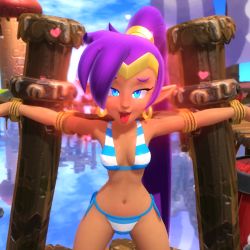 Rule 34 | 3d, bikini, blue bikini, bound, breasts, collarbone, dark skin, dock, earrings, eyebrows, heart, jewelry, medium breasts, navel, nose, onmodel3d, open mouth, outstretched arms, pointy ears, ponytail, purple hair, restrained, rope, shantae, shantae (series), side-tie bikini bottom, solo, spread arms, spread legs, striped bikini, striped clothes, swimsuit, teeth, tongue, tongue out, upper teeth only, water, wayforward