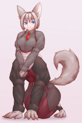 Rule 34 | 1girl, animal ear fluff, animal ears, apron, black pants, blue eyes, breasts, centauroid, claws, closed mouth, collared shirt, commentary request, dog ears, dog girl, dog tail, full body, grey hair, grey shirt, hair between eyes, highres, kneeling, kozuka (dilettante), long sleeves, looking at viewer, maid, medium breasts, necktie, original, pants, puffy long sleeves, puffy sleeves, red necktie, red vest, shadow, shirt, short hair, sidelocks, simple background, smile, solo, stirrup legwear, tail, taur, toeless legwear, vest, white apron, white background
