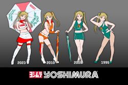 Rule 34 | 1girl, absurdres, armband, bakuon!!, blonde hair, boots, bracelet, clothes writing, clothing cutout, collarbone, earrings, english text, full body, green footwear, green one-piece swimsuit, green skirt, green tank top, grey background, hand on own hip, highres, holding, holding umbrella, hoop earrings, jewelry, knee boots, long hair, looking at viewer, midriff, miniskirt, multiple views, navel, one-piece swimsuit, open mouth, orange shorts, orange tank top, planted, planted umbrella, product placement, red eyes, red skirt, red tank top, sakuma masanori, shorts, side cutout, simple background, skirt, smile, standing, suzunoki rin, swimsuit, tank top, teeth, triangle mouth, twintails, two-tone skirt, umbrella, upper teeth only, white footwear, white skirt, white tank top, yoshimura (company)
