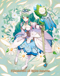 Rule 34 | 10s, 1girl, ahoge, anklet, bare shoulders, boots, breasts, cardfight!! vanguard, cleavage, company name, dress, drill hair, faith maiden odette, flower, full body, gem, gloves, green hair, hair flower, hair ornament, hairband, jewelry, leaf, long hair, medium breasts, official art, orange eyes, petals, saitou takeo, smile, solo, staff, standing, very long hair