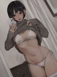 Rule 34 | 1girl, absurdres, bikini, black eyes, black hair, blush, breasts, clothes lift, commentary, cowboy shot, dutch angle, ear piercing, gompang 11, highres, indoors, mole, mole on breast, mole on stomach, mole on thigh, mole under eye, navel, original, panties, piercing, selfie, short hair, side-tie panties, small breasts, solo, sweater, swimsuit, tongue, tongue out, turtleneck, turtleneck sweater, underwear, white bikini