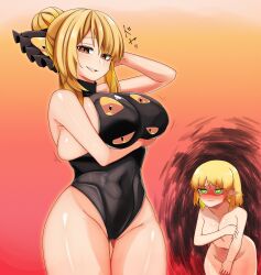 Rule 34 | 2girls, absurdres, alternate costume, arm under breasts, black bow, black leotard, blonde hair, blush, bow, breast hold, breasts, brown eyes, commentary request, completely nude, covered navel, covering privates, covering breasts, covering crotch, cowboy shot, extra eyes, grabbing, gradient background, grin, hair bow, hair bun, highres, huge breasts, kurodani yamame, large breasts, leotard, looking at another, looking at viewer, medium hair, mizuhashi parsee, multiple girls, nose blush, nude, orange background, pointy ears, rinyamame, shaded face, short hair, smile, touhou