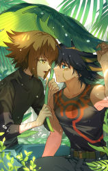 Rule 34 | 2boys, black hair, black tank top, blue eyes, brown eyes, brown hair, eye contact, feet out of frame, from side, fudo yusei, hair between eyes, highres, jiayu long, looking at another, male focus, multicolored hair, multiple boys, pectorals, plant, shared umbrella, shirt, short hair, sidelocks, smile, spiked hair, sunlight, tank top, tight clothes, tight shirt, toned, toned male, two-tone hair, umbrella, water drop, yaoi, yu-gi-oh!, yu-gi-oh! 5d&#039;s, yu-gi-oh! gx, yuki judai