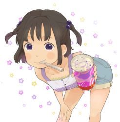 Rule 34 | 1girl, bad id, bad pixiv id, bent over, food, hair bobbles, hair ornament, hand on own thigh, hand on thigh, ice cream, mosuko, mouth hold, purple eyes, short hair, smile, solo, spoon, star (symbol), starry background, twintails, two side up