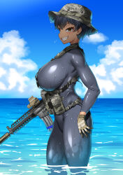 Rule 34 | 1girl, absurdres, ammunition pouch, ar-15, assault rifle, black bodysuit, black hair, black wetsuit, blue sky, bodysuit, boonie hat, breasts, brown gloves, bucket hat, buckle, camouflage, camouflage headwear, caustics, chest harness, chest rig, clothes writing, cloud, cloudy sky, commentary, dark-skinned female, dark skin, day, digital camouflage, diving suit, english text, gloves, grin, gun, harness, hat, highres, hitch (perotoss), horizon, huge breasts, magazine (weapon), military, military hat, open mouth, optical sight, original, outdoors, partially submerged, pouch, republic of korea army, rifle, sharp teeth, short hair, sideways mouth, sky, smile, snap-fit buckle, solo, suppressor, tape, teeth, thick eyebrows, tsurime, water, weapon, wetsuit, yellow eyes