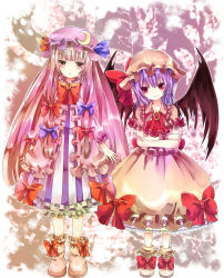 Rule 34 | 2girls, bad id, bad pixiv id, bat wings, bow, colored eyelashes, crescent, crescent moon, crossed arms, dress, female focus, hair bow, hat, highres, jaku sono, long hair, moon, multiple girls, patchouli knowledge, purple hair, red eyes, remilia scarlet, short hair, embodiment of scarlet devil, touhou, very long hair, wings