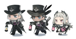 Rule 34 | 1girl, 2boys, :&lt;, arknights, beard, black dress, black feathers, black footwear, black gloves, black hair, black headwear, black jacket, black pants, blouse, carmen (arknights), character request, chibi, closed mouth, commentary request, dress, facial hair, feathers, gloves, grey hair, gun, handgun, hat feather, highres, holding, holding gun, holding lantern, holding weapon, irene (arknights), jacket, lantern, long sleeves, looking away, multiple boys, mustache, open clothes, open jacket, pants, pistol, purple shirt, shadow, shirt, shoes, sora (sora1019), v-shaped eyebrows, walking, weapon, white background
