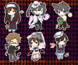 Rule 34 | 2boys, 4girls, alternate costume, alternate hairstyle, animal ears, argyle, argyle background, argyle clothes, azami (kagerou project), bad id, bad pixiv id, bell, black background, black dress, black eyes, black footwear, black hair, black pants, black suit, black veil, blue flower, blue scrunchie, blue skirt, blue socks, bouquet, bow, bowtie, bridal gauntlets, bridal veil, bride, brown eyes, brown hair, chiaru (kny9143), chibi, cross, dress, dress shirt, enomoto takane, father and daughter, fish, flower, formal, ghost, ghost hair ornament, glasses, green shirt, grey eyes, grey hair, grey pants, grey shirt, habit, hair between eyes, hair ornament, hairpin, halloween costume, hat, high ponytail, holding, holding bouquet, holding clothes, holding shirt, kagerou project, kokonose haruka, long hair, long sleeves, looking at another, mekakucity actors, mother and daughter, multiple boys, multiple girls, multiple hairpins, nun, orange background, own hands together, pants, plaid, plaid bow, plaid bowtie, plaid skirt, ponytail, praying, purple background, purple bow, purple bowtie, purple skirt, purple socks, red flower, red rose, red scarf, rose, sailor hat, scarf, school uniform, scrunchie, semi-rimless eyewear, serafuku, shirt, shoes, short hair, short sleeves, skirt, socks, star (symbol), striped clothes, striped socks, suit, swept bangs, tail, tateyama ayaka, tateyama ayano, tateyama kenjirou, three-toned background, topless male, twintails, under-rim eyewear, unworn shirt, veil, werewolf costume, white dress, white headwear, white serafuku, white shirt, wide sleeves, wolf boy, wolf ears, wolf tail