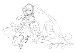 Rule 34 | 1girl, arm at side, arm up, closed mouth, dress, elbow gloves, english text, floating, floating hair, full body, gloves, hair between eyes, hand on own cheek, hand on own face, hand up, hatsune miku, jumping, legs folded, lineart, looking at viewer, miku symphony (vocaloid), monochrome, pleated dress, rella, sketch, sleeveless, sleeveless dress, smile, solo, thighhighs, twintails, vocaloid, zettai ryouiki