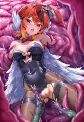 Rule 34 | ahoge, animal ears, blush, bow, bowtie, breasts, censored, character request, copyright request, detached collar, feathered wings, hairband, highres, immobilization, leotard, medium breasts, mosaic censoring, multicolored hair, open mouth, orange hair, pantyhose, playboy bunny, pussy, rabbit ears, red bow, red bowtie, red eyes, red hair, short hair, sirokuro daruma, slime (substance), tentacles, torn clothes, torn pantyhose, whiskers, wings