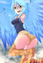 Rule 34 | 1girl, absurdres, ahoge, ass, bare shoulders, bird legs, black tank top, blue hair, blue wings, breasts, commentary, english commentary, feathered wings, feathers, hair between eyes, harpy, highres, medium hair, monster girl, monster musume no iru nichijou, open mouth, papi (monster musume), rainbowscreen, short shorts, shorts, sidelocks, small breasts, smile, solo, talons, tank top, winged arms, wings, yellow eyes
