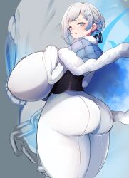 Rule 34 | 1girl, akershus fortress (oshiro project), ass, ass focus, blue cape, blue eyes, blush, bodysuit, breasts, cape, embarrassed, from behind, highres, huge ass, huge breasts, looking back, looking down, open mouth, oshiro project:re, pants, short hair, sideboob, solo, thick thighs, thighs, tight clothes, tight pants, white bodysuit, white hair