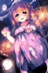 Rule 34 | 1girl, :d, absurdres, blush, breasts, brown hair, bucket, cassini m bisuko, cleavage, cloud, cloudy sky, collarbone, fingernails, fireworks, floral print, from below, hair between eyes, hair ornament, hand on own knee, highres, holding, japanese clothes, kimono, large breasts, long hair, long sleeves, looking at viewer, night, night sky, open mouth, original, outdoors, purple eyes, round teeth, sandals, senkou hanabi, sky, smile, solo, sparkler, squatting, star (sky), starry sky, syroh, teeth, tree, two side up, yukata