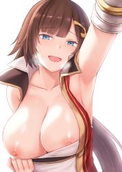 Rule 34 | 1girl, arm up, armpits, blue eyes, breasts, breath, brown hair, cai geng, collarbone, granblue fantasy, hair ornament, large breasts, leona (granblue fantasy), long hair, nipples, open mouth, ponytail, simple background, smile, solo, upper body, white background