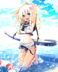Rule 34 | 10s, 1girl, armpits, arms behind head, beach, blonde hair, blue eyes, child, cloud, crop top, day, evandragon, flat chest, flower, hair flower, hair ornament, highres, kantai collection, kneeling, lifebuoy, long hair, midriff, navel, open mouth, outdoors, partially submerged, ro-500 (kancolle), school swimsuit, school uniform, serafuku, sky, smile, solo, splashing, swim ring, swimsuit, swimsuit under clothes, tan, tanline, thighs, tongue, torpedo, water, wet